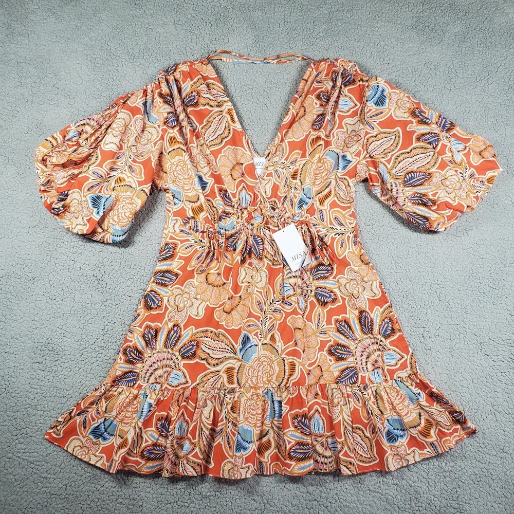 MISA Sari Floral Poplin Mini Dress Small Balloon Sleeve Cotton Boho V-Neck Fairy